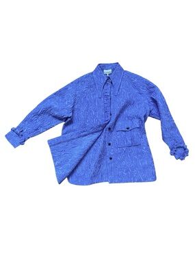 Ganni Electric Blue Oversized Jacquard Lightweight Button-Up Over Shirt Jacket